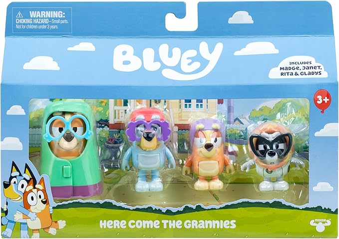Bluey Figure 4-Pack Here Come The Grannies. 4 Episode-Themed Figures with Moving Arms & Accessories, 2.5-3" (6-7.6 cm) Poseable Toys for Kids. Recreate Moments from The Episode Grannies.