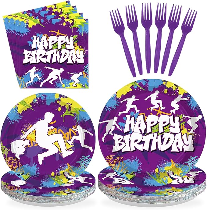 96Pcs Parkour Birthday Party Decorations Purple Happy Birthday Plates and Napkins Parkour Theme Tableware Set for Men Women Extreme Sports Run and Jump Party Supplies Serves 24