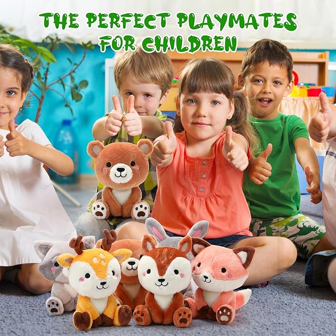 6 Pcs Woodland Animals Toys 7 Inch Bear Rabbit Squirrel Deer Raccoon Fox Large Stuffed Animals Bulk for Woodland Baby Showers Party Decor Birthday Gifts Classroom Teacher Student Awards