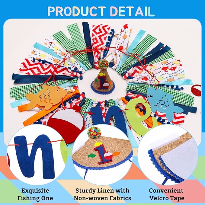 Ofishally Highchair Banner for Baby First Birthday Party Decorations Gone Fishing High Chair Tassel Garland Banner Ofishally One Birthday Party Fabric Banner for Boy 1st Bday Photo Props Backdrop Decors