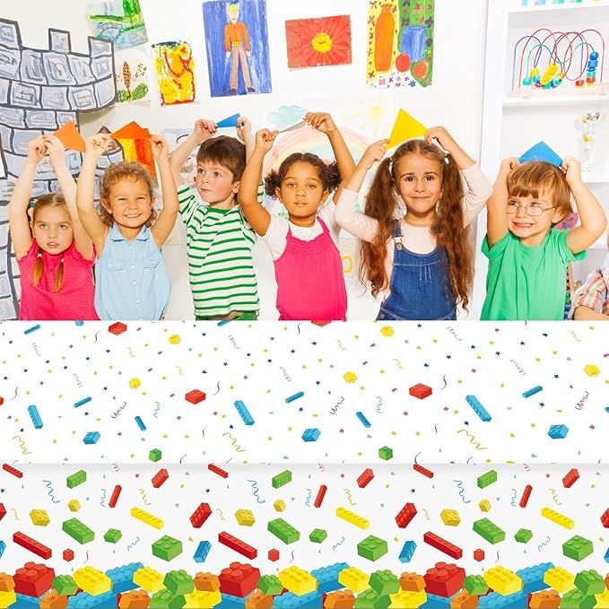 3 Pcs Building Blocks Tablecloth 105 x 54 inches - Building Blocks Theme Party Decorations Disposable Plastic Table Cover for Children Kids Birthday Party Decor Supplies Favors (White)