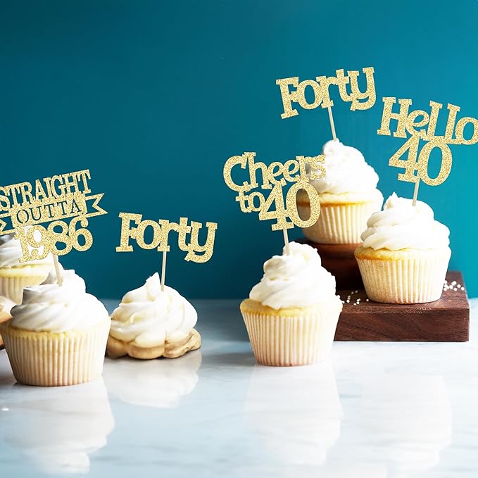 Ephlyn 24Pcs Happy 40th Birthday Cupcake Toppers Glitter Forty Cupcake Picks Hello 40 Cheers to 40 Years Birthday Cake Decorations for 40th Birthday Anniversary Party Supplies Gold