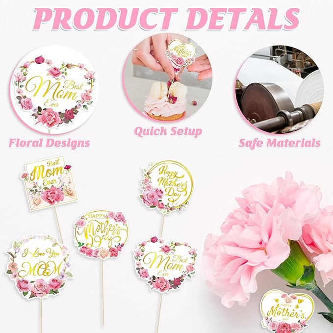 24 Pcs Gold Foil Mothers Day Cake Toppers Set, Happy Mothers Day Topper for Flowers and Cakes, Mothers Day Cake Decor with Glittering Greetings, Mother's Day Cake Picks from Recyclable Paper
