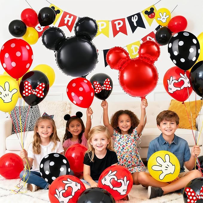 Black Red Yellow Balloon 64Pcs 12 Inch，Cute Print Balloons for Cartoon Themed Birthday Party Decorations Boys Girls Gatherings Party Supplies