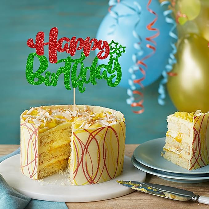 Ephlyn 1Pcs Happy Birthday Cake Topper Glitter Happy Birthday Cake Pick for Christmas Theme Baby Shower Anniversary Party Decorations Supplies Red Green