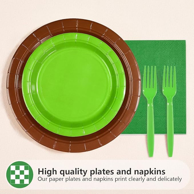 96Pcs Green and Brown Pixel Paper Plates Napkins and Forks Pixel Birthday Party Supplies Disposable Dessert Tableware Set for Video Game Party Decorations Serve 24