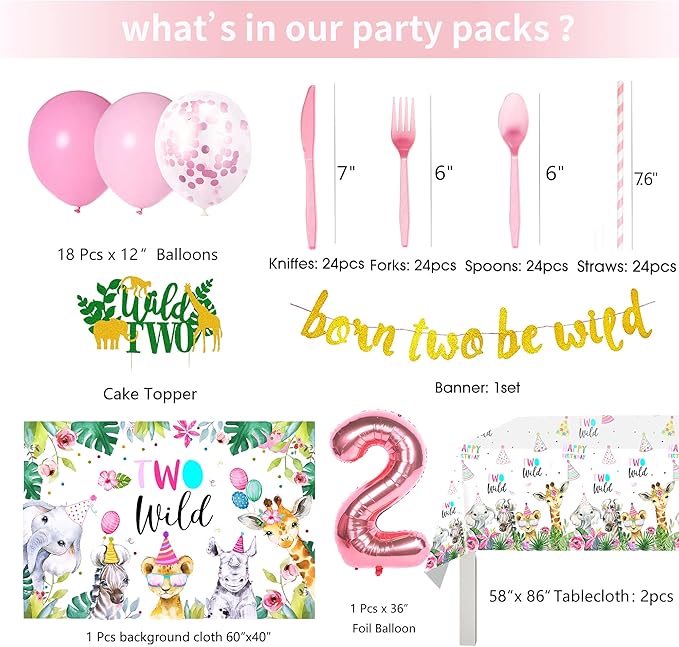 Two Wild Birthday Decorations Dinnerware For Girl, Jungle Safari Theme 2nd Birthday Party Supplies Include Plate, Cup, Napkin, Backdrop, Banner, Tablecloth, Balloon, Cutlery, Topper | Serve 24