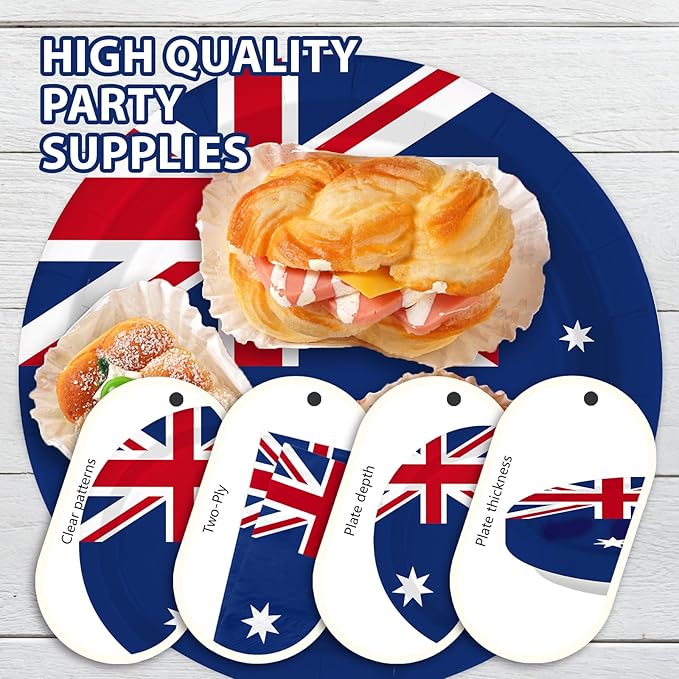 96Pcs Australian Flag Party Supplies Australia Birthday Plates and Napkins Australian National Flags Tableware Set for School Sports Events Patriotic Festival Birthday Party Decor，Serves 24