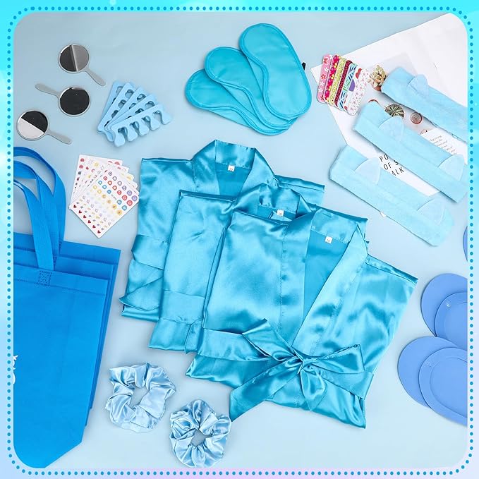 122 Pcs Blue Girls Spa Party Kit, 10-Pack Slumber Party Favors with Satin Robes, Tote Bags, and Nail Salon Accessories for Kids Spa Birthday, Halloween, Home Party Supplies