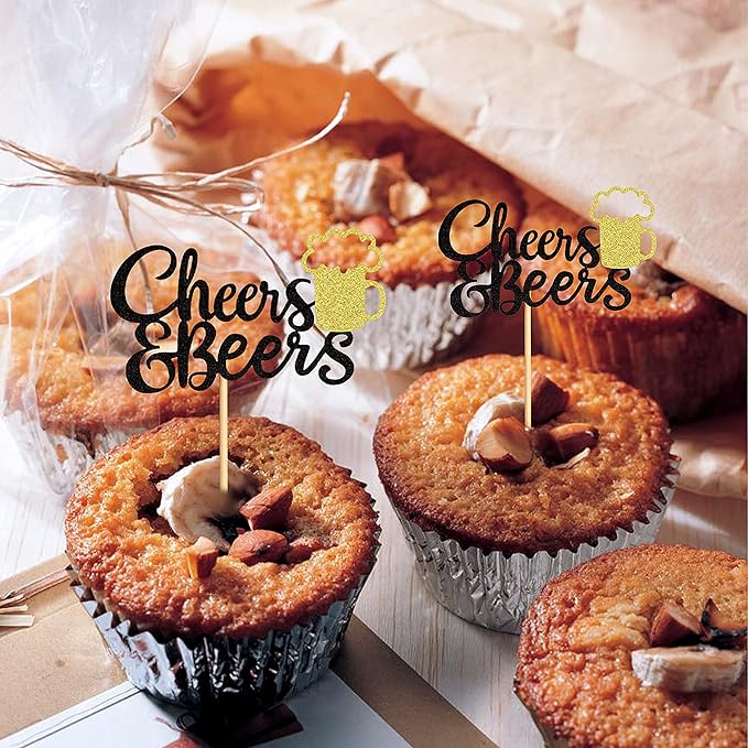 Ercadio 24 Pack Cheers and Beers Cupcake Toppers with Glitter Beer Mug Cupcake Picks Baby Shower Birthday Beers Festival Themed Party Cake Decorations Supplies Black