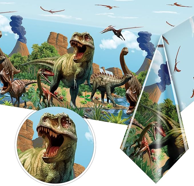 Tiamon 3 Pcs Dinosaur Tablecloth Dinosaur Party Table Covers Plastic Tablecloth for Kids Adults Birthday Party Picnic Supplies 54 x 108 Inch (Blue)
