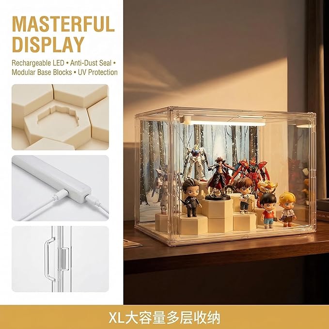 Transparent Acrylic Collectible Display Box with LED Lights, DIY Scene, with Background, dust-Proof and Moisture-Proof, for Figure Model Collection Display Cabinet (27x22x27cm/10.6x8.7x10.6in) (Large)