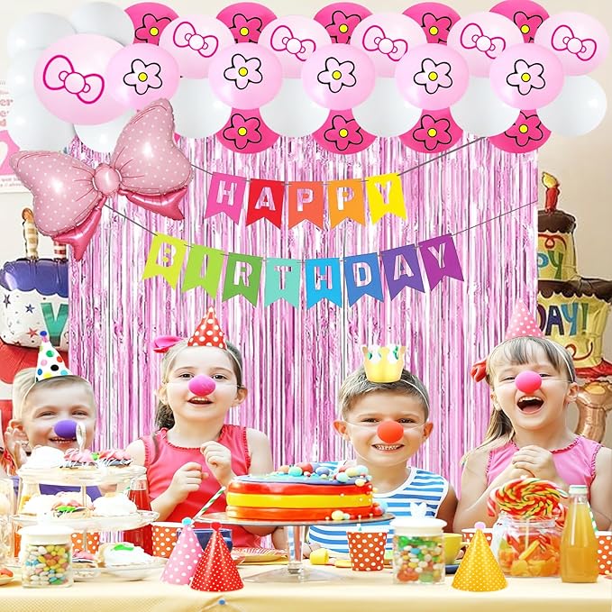 23Pcs Cartoon Cat Birthday Decorations, Pink 3.3x8.2ft Tinsel Foil Fringe Curtains Banners and Cute Bow tie Balloons for Cute Cat Theme Birthday Party Decorations Boys and Girls Party Supplies