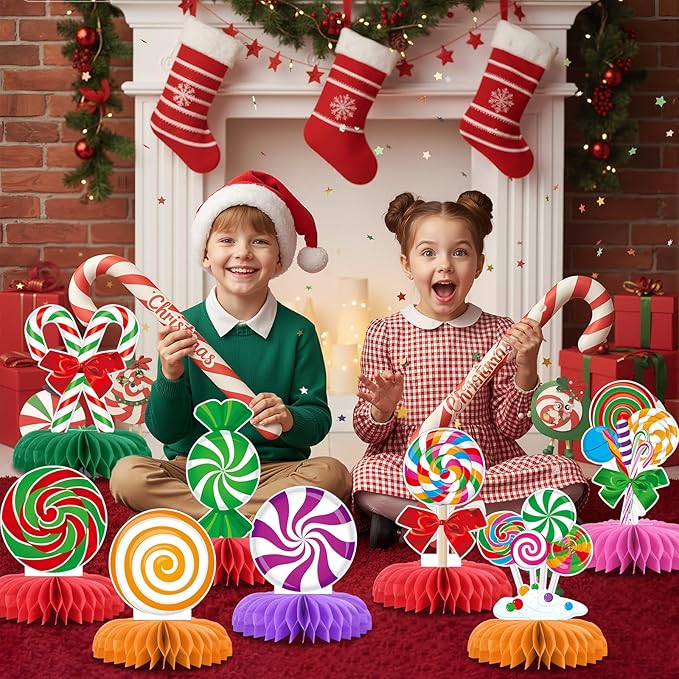 12 Pack Christmas Party Centerpieces for Tables Candy Theme Christmas Table Honeycomb Centerpieces Holiday Party Decorations Table Toppers for Xmas Festive Classroom Office Winter Decor