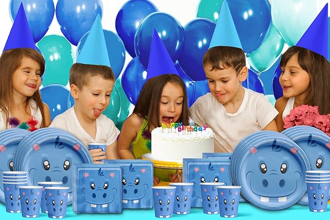Hippo Birthday Party Supplies - Zoo Animal Party Supplies - Wild Animal Party Supplies | Tableware Set Includes Plates, Napkins and Cups | Kit for 16