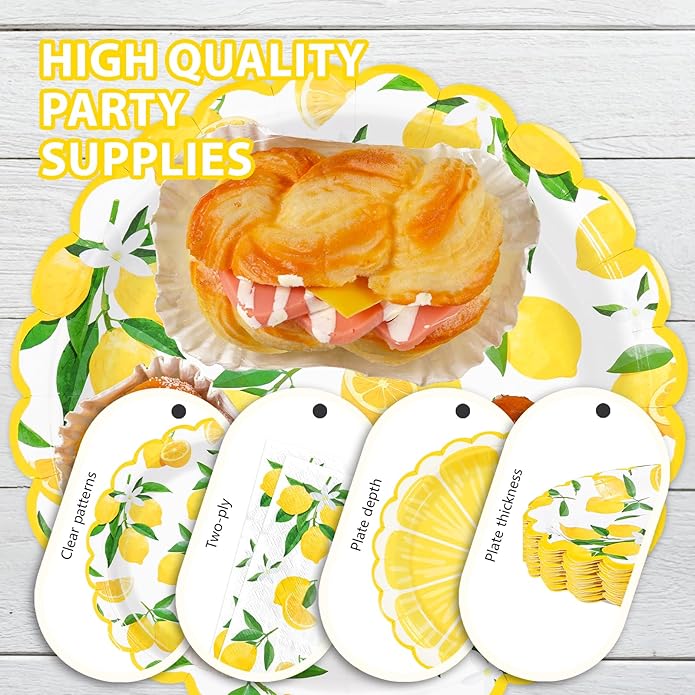 168 Pcs Lemon Party Decorations Yellow Lemons Scalloped Plates Napkins Cups Forks Knives Spoons Summer Lemon Fruit Theme Tableware Set for Spring Birthday Bridal Baby Shower Party Supplies Serves 24
