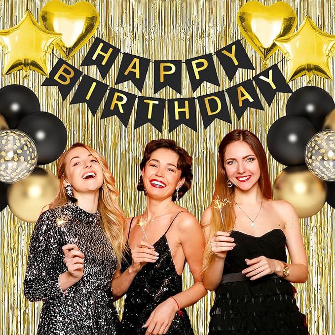 Black Gold Birthday Decorations, Gold Party Decorations Set with Birthday Banner, Black Gold Balloons, Gold Fringe Party Curtains, Hanging Swirls, Cake Toppers for Girls Women Men Kids Birthdays Party