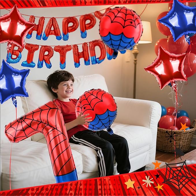 Spider Themed Happy Birthday Banner Party Decorations Set Including 40 Inch Number 7 Foil Balloons, Themed Party Essentials, Colorful Superhero Backdrop Supplies for Boys Indoor Outdoor Celebration