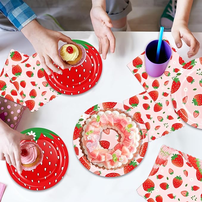 OuMuaMua Strawberry Birthday Decorations, 75 Pcs Disposable Fruit Paper Plates and Napkins Tableware Set for Summer Sweet One 1st Baby Shower Berry First Strawberry Themed Party Supplies, Serves 25