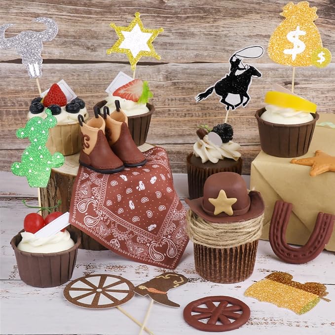 Hooqict 18Pcs Cowboy Cake Decorations Set with Mini Cowboy Hat and Boots, Western Cake Toppers & Rodeo Cupcake Toppers for Wild West Country Themed Birthday Party Decorations Favors