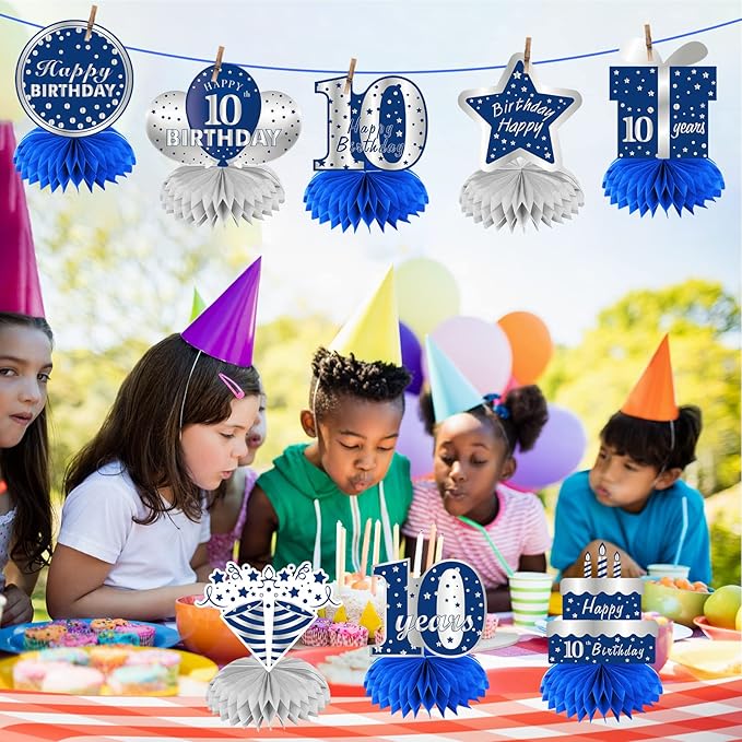 Kauayurk 8Pcs 10th Birthday Honeycomb Centerpieces Decorations for Boys, Blue Silver 10 Year Old Birthday Table Centerpiece Party Supplies, Ten Birthday Table Topper Decor Sign