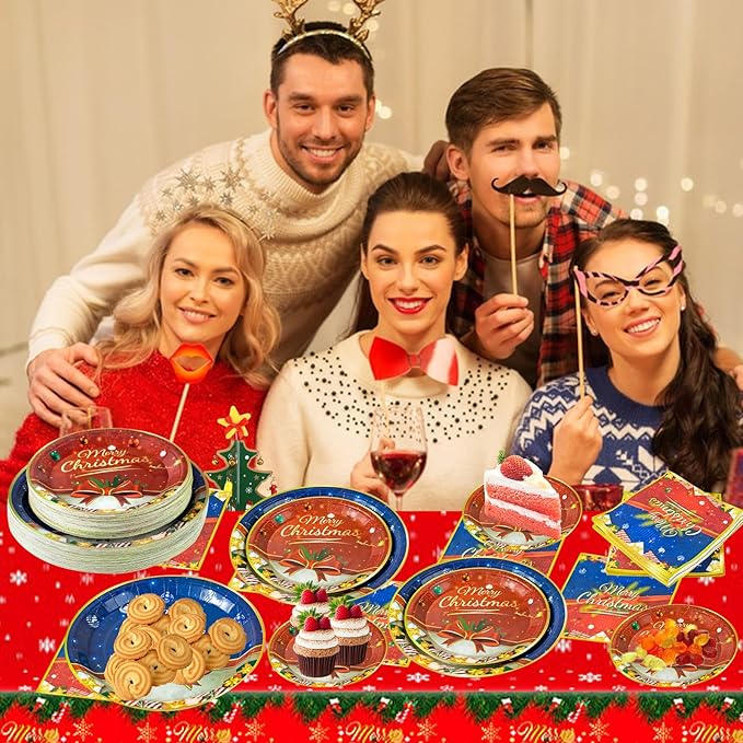 180PCS Christmas Paper Plates and Napkins, Disposable Dinner Plates and Napkins Set for 60 Guests, Party Table Decorations
