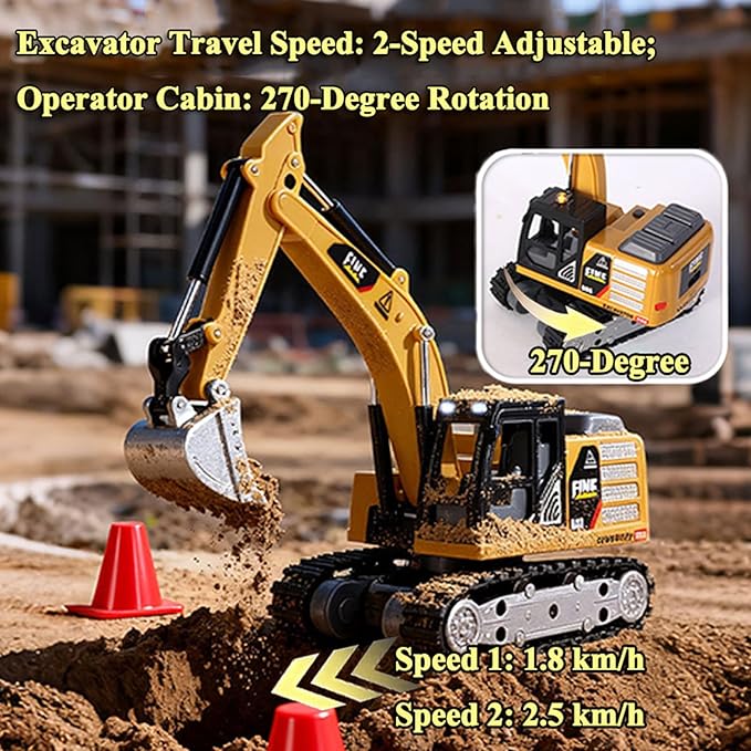 RC Excavator, 1/64 Scale Metal RC Truck, 2.4GHz Construction Vehicle with Sounds & Light, Dual Speed, APP Control, Hobby Toy for Adults and Kids