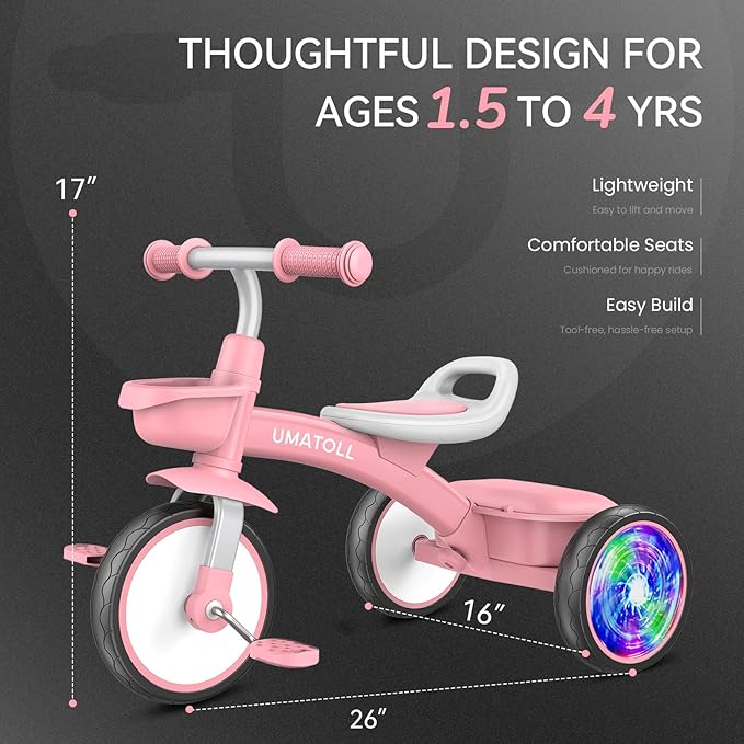 Umatoll Toddler Tricycle for 18 Month to 4 Year Old Girls,Toddler Bike Toys with Adjustable Seat&Light-Up Wheels,Birthday Gift for Age 2-3 (Pink)
