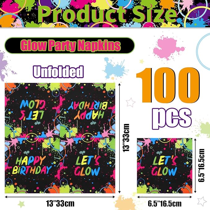 100Pcs Let’s Glow Party Napkins, 13 x 13 Inches Glow in The Dark Paper Napkins, Black Light Neon Paint Party Napkins for Lets Glow Crazy Party Neon Fluorescent Birthday Party Decorations