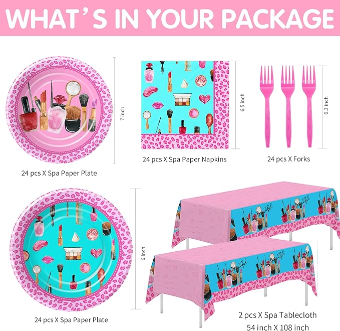 Spa Party Decorations Tableware For Girls, Spa Day Makeup Birthday Party Supplies, Paper Plate, Napkin, Tablecloth, Disposable Fork | Serves 24