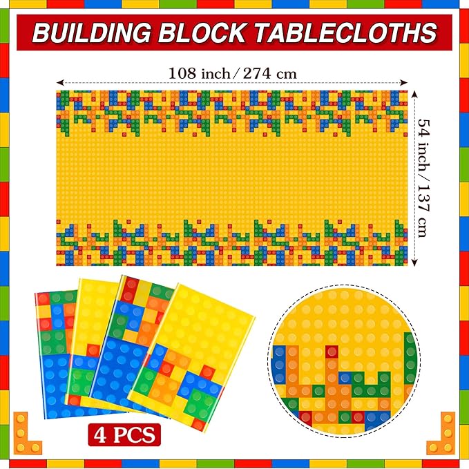 Oudain 4 Pcs Building Block Tablecloths Colorful Building Blocks Birthday Party Decorations 54 x 108 Inch Disposable Plastic Brick Table Cover Waterproof Brick Themed Party Supplies (Yellow,Blue)