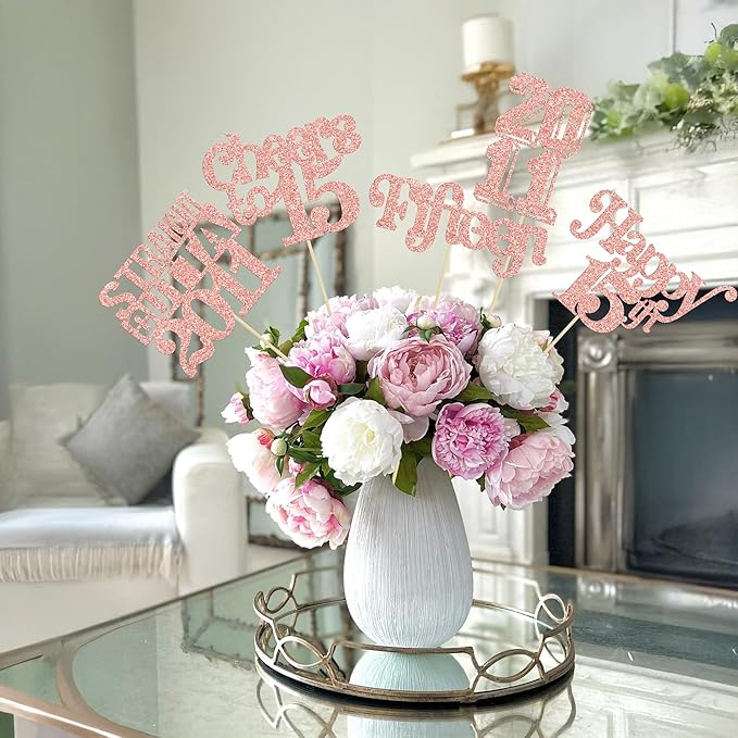 Gyufise 15Pcs Happy 15th Birthday Centerpiece Sticks Fifteen Straight Outta 2011 Table Flower Centerpieces Sticks for Cheers to 15th Birthday Party Supplies Rose Gold