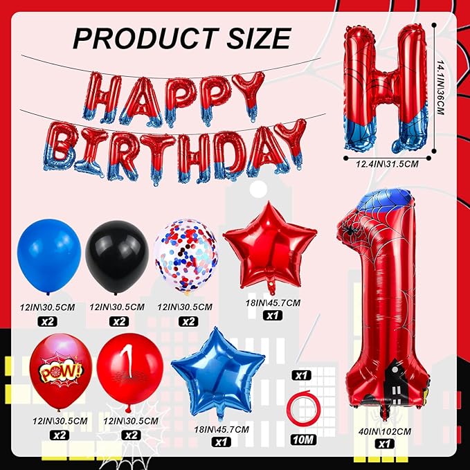 Cartoon Hero 40 Inch Red and Blue Spider Theme Number Foil Birthday Decoration Balloon, Spider Theme Happy Birthday Banner Party Decoration Balloon, Letter Logo Superhero Party Supplies (1)