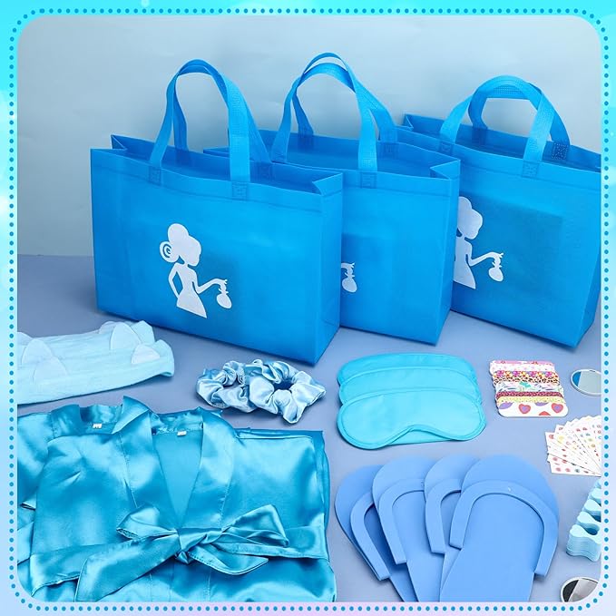 122 Pcs Blue Girls Spa Party Kit, 10-Pack Slumber Party Favors with Satin Robes, Tote Bags, and Nail Salon Accessories for Kids Spa Birthday, Halloween, Home Party Supplies