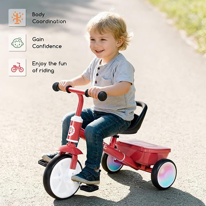Bobike Toddler Tricycle for Ages 2-5 Years, Tricycle with 2 LED Light Wheels, Toddler Bike with 3-Position Seat and Rear Basket, Kids Bike Gift for Boys & Girl (Red)