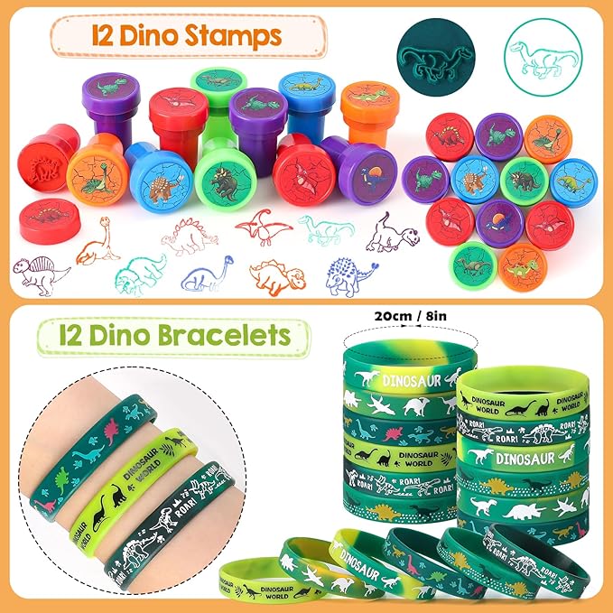 Winrayk 132Pcs Dinosaur Party Favors Dino Birthday Supplies Kids, Mini Dinosaur Figure Bracelet Stamper Glow Sticker Keychain Ring Cartoon Sticker, Pinata Filler Goodie Bag Stuffer Dino Party Favors