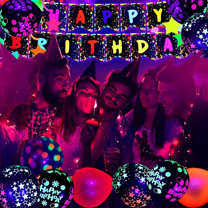 Jetec 71 Pcs Neon Birthday Party Supplies Decorations Include Clear Glow in the Dark Balloons, UV Neon Balloons, Star Hanging Swirls, Happy Birthday Banner Festival Accessory Glow Party Supplies