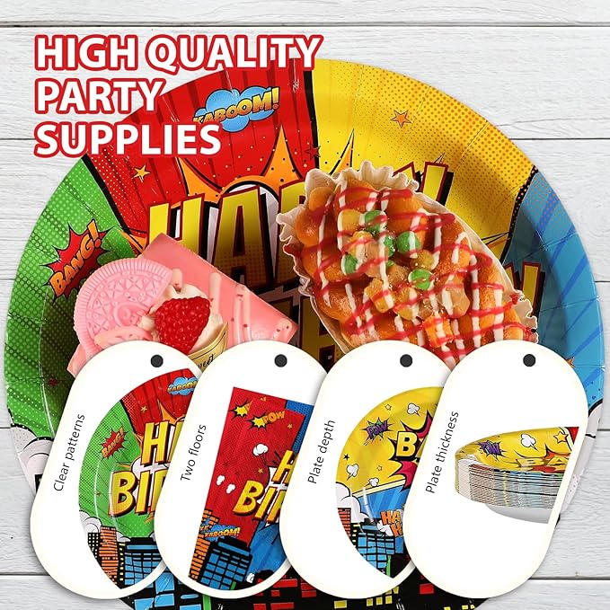 Grencian 96Pcs Super Theme Hero Party Supplies Hero's Action Sign Cityscape Plates and Napkins Tableware Sets Colors Comic Hero Decorations for Boys Cartoon Spider Birthday Favors Serve 24