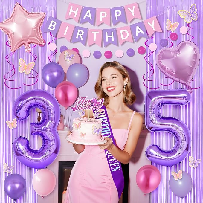 35th Purple Birthday Decorations for Women, Pink and Purple Happy 35 Birthday Party Decorations with Happy Birthday Banner, Number Foil Balloons, Butterfly Cake Topper for 35th Party Supplies