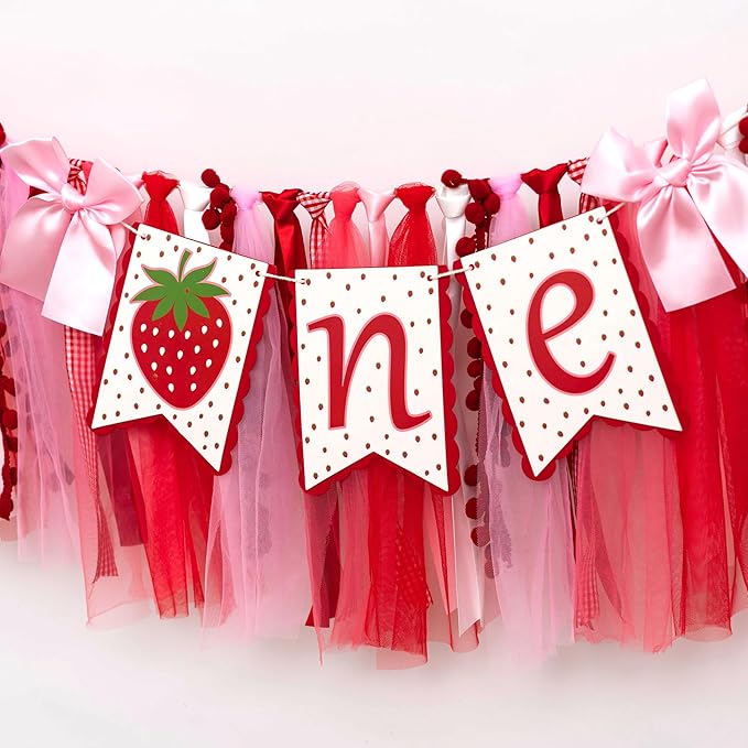 Strawberry One High Chair Banner - Berry Sweet First Birthday Party Decorations,One Red Strawberry Banner,Sweet 1st Birthday Cake Smash Party Supplies,Berry Girl Party Photo Prop (red)