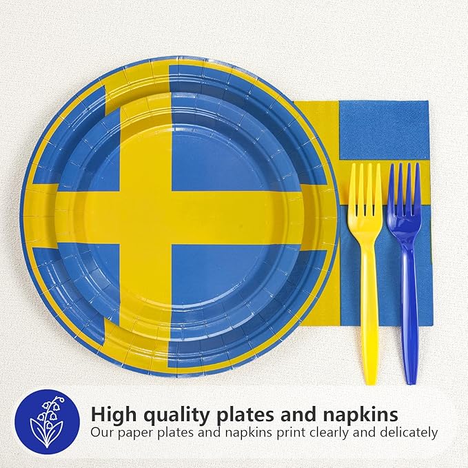 96 Pcs Sweden Flag Themed Party Decorations Disposable Swedish Paper Plates and Napkins Sweden Themed Tableware Set for Country Decoration School Sports Events Party Supplies, Serves 24