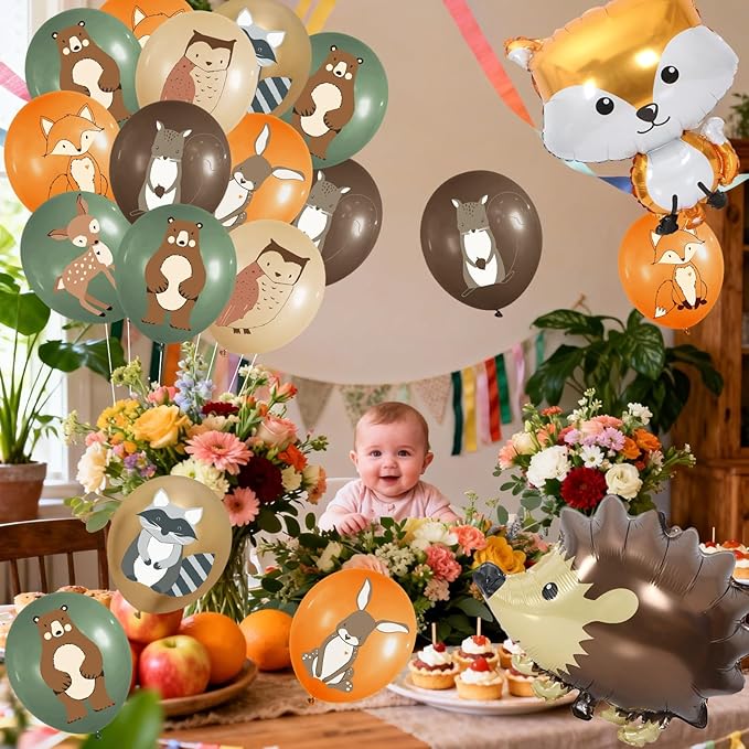 50pcs Woodland Animal Balloons: Woodland Baby Shower Decorations Neutral Forest Animal Baby Shower Party Supplies Squirrel Hedgehog for Woodland Themed Birthday Party Decorations