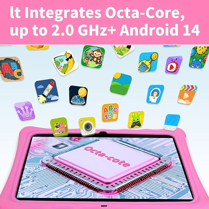 Veidoo Kids Tablet - 10.1 Inch IPS Eye-Care Screen, 7GB (3+4) RAM 64GB ROM 512GB Expandable, Dual Camera, WiFi 6, Octa-Core Parental Control Tablet Comes with Silicone Protective Cover(Pink)