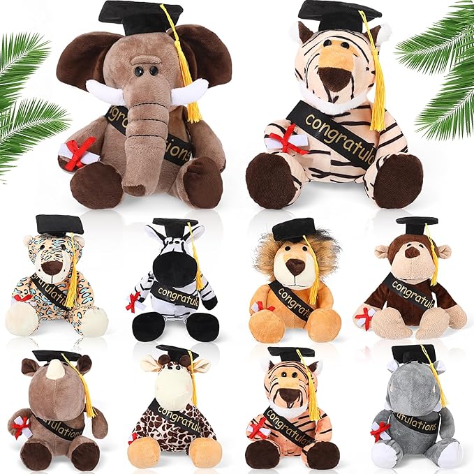 HyDren 10 Pieces 9 Inches Graduation Safari Stuffed Animals Set Plush Safari Stuffed Animal Elephant Giraffe Lion Tiger Monkey Rhinoceros Zebra Leopard Hippo for Graduation Party Favors Gifts