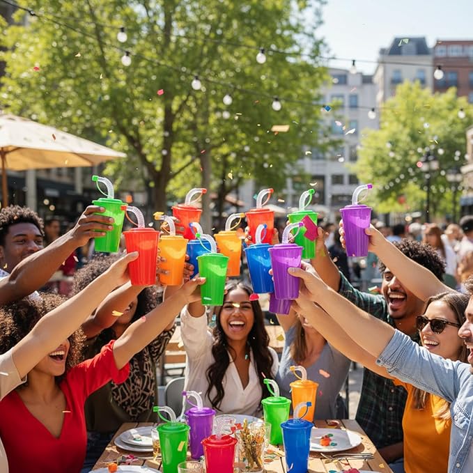 Zubebe 96 Pcs Neon Straws Cups 12 oz Colorful Neon Cups with Sipper and Lids Plastic Favor Reusable Straw for Birthday Party Events Supplies, 6 Colors