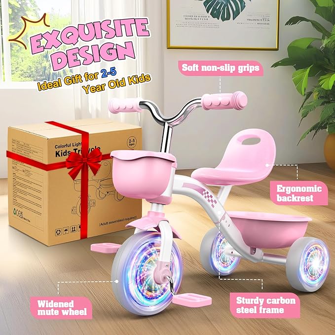 Toddler Tricycle for 1-3 3-5 Year Olds, 2 3 4 5 Year Old Girl Birthday Gifts, Pink Toddler Baby Bike, 4-Level Adjustable Seat, 3 Color Light Wheels, 2 Baskets, Outdoor Riding Toys for Ages 2-4