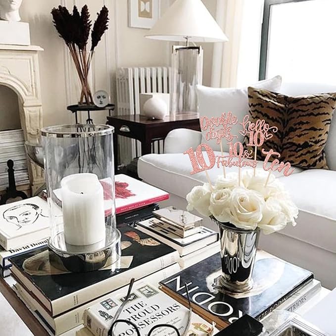 15PCS Happy 10th Birthday Centerpiece Sticks Ten Hello 10 Cheers to 10 Table Flower Centerpieces Sticks Double Digits 10 Fabulous Floral Decorations for 10th Birthday Party Centerpieces Rose Gold