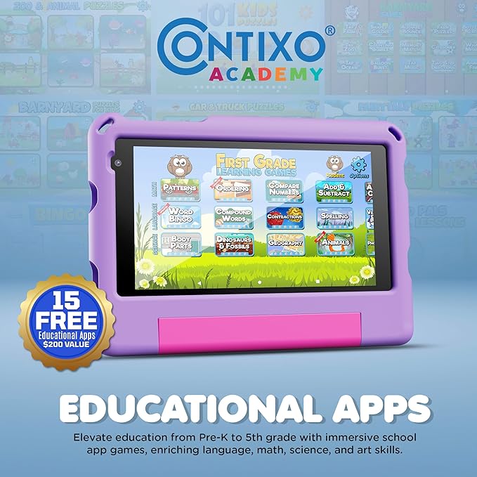 Contixo A7 Kids Tablet with 14 Apps, Lingokids & Epic, 7" HD Screen, Android 15, Parental Controls, WiFi, 3+32GB Storage, al Tablet for Kids Ages 3-12, Boys & Girls Gift, Purple