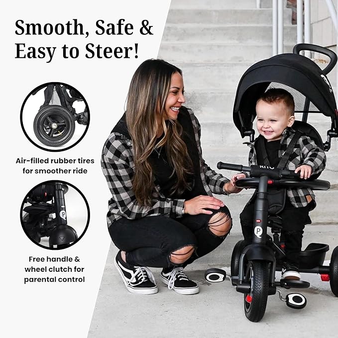 QPlay Rito - Premium Luxury Foldable Trike for Toddlers Featuring Leather touchpoints, Toddler Tricycle Stroller, Push & Fold Tricycle for Ages 12 Months to 5 Years, Midnight Edition