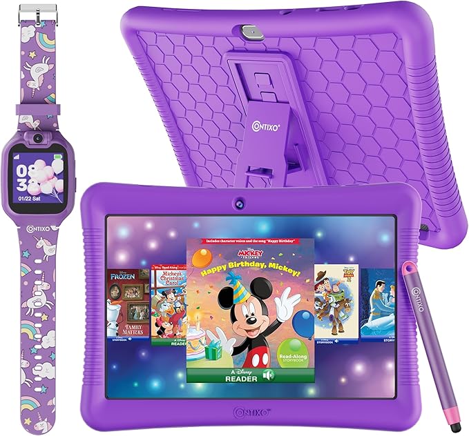 Contixo K102 10" Android Tablet and KW1 Kids Smartwatch - 32GB, Includes 80+ Disney Storybooks, Educational Watch with Games, Camera, Music Player, Alarm, Customizable Wallpaper, Purple